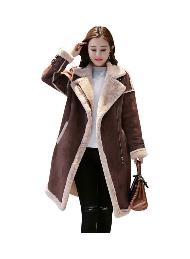 Warm Thicken Medium Long Suede Fabric Padded Coat Brown - Image 1