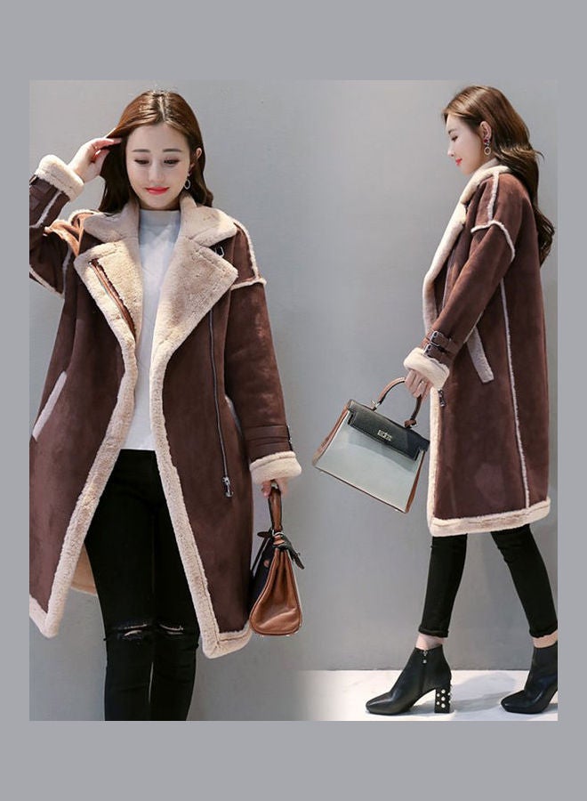 Warm Thicken Medium Long Suede Fabric Padded Coat Brown - Image 3
