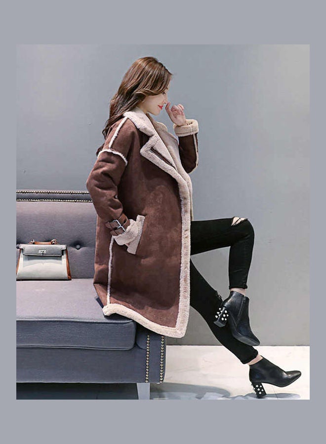 Warm Thicken Medium Long Suede Fabric Padded Coat Brown - Image 4
