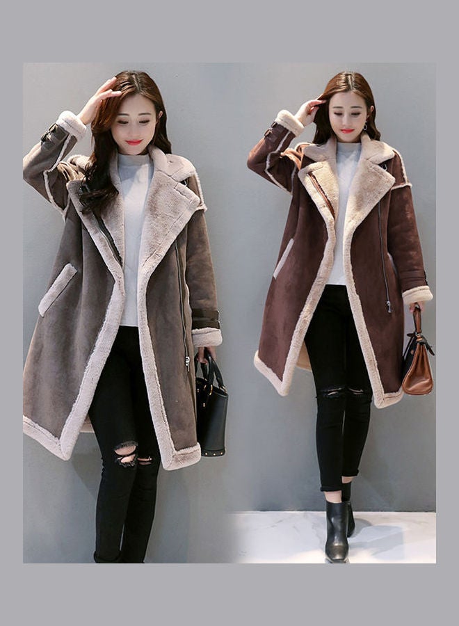 Warm Thicken Medium Long Suede Fabric Padded Coat Brown - Image 5