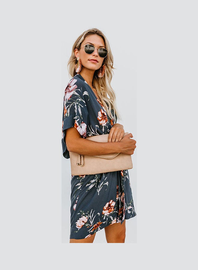 V Collar Floral Printing Lacing Dress Dark Blue - Image 1