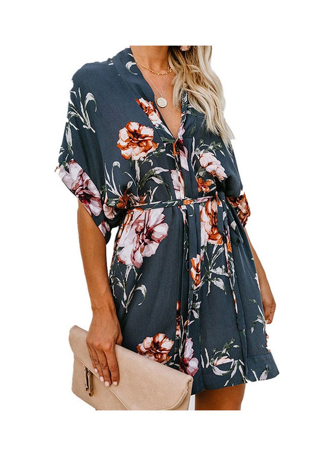 V Collar Floral Printing Lacing Dress Dark Blue - Image 3
