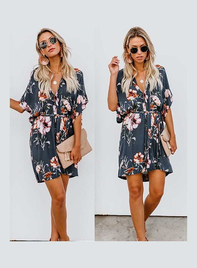 V Collar Floral Printing Lacing Dress Dark Blue - Image 4