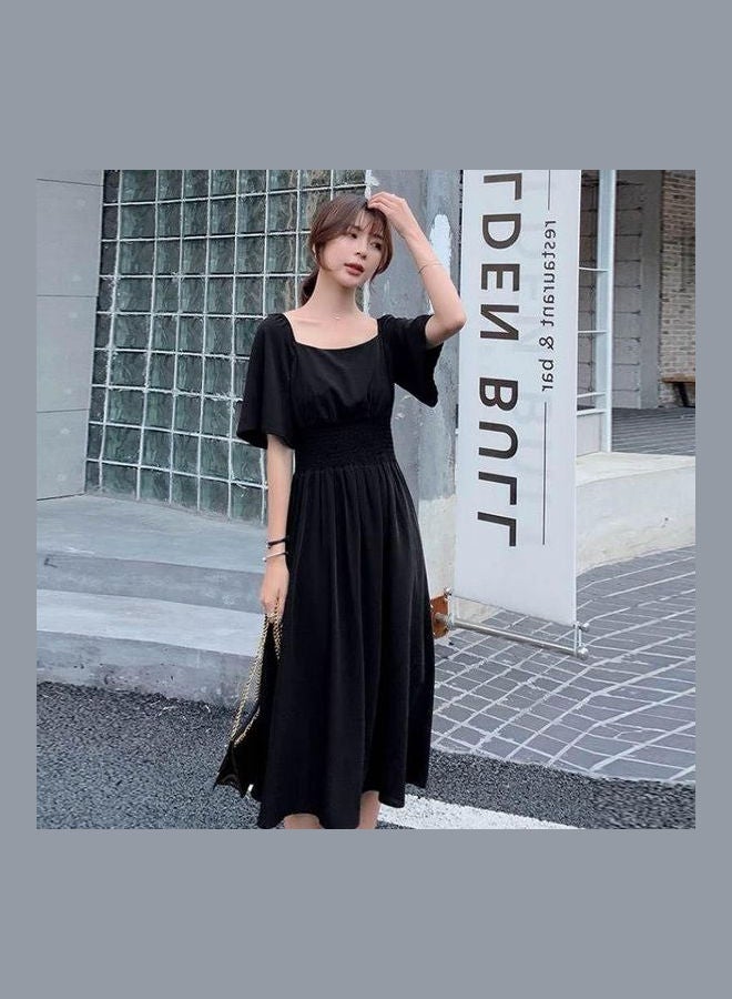 Summer Retro Tight Waist Medium Long Off Shoulder Dress Black  - Image 1