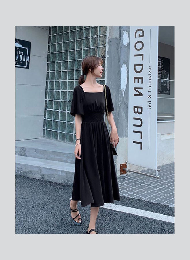 Summer Retro Tight Waist Medium Long Off Shoulder Dress Black  - Image 3