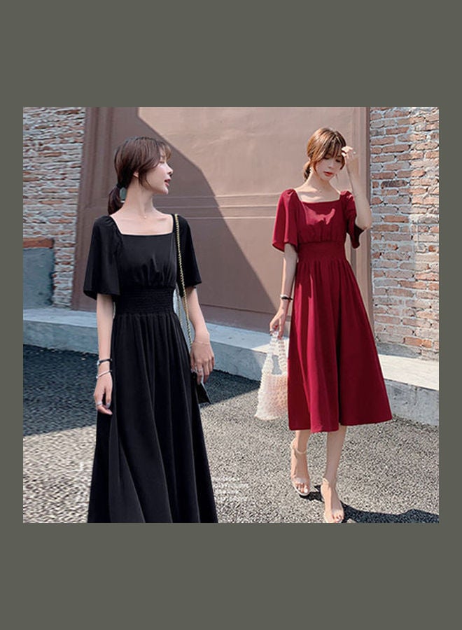 Summer Retro Tight Waist Medium Long Off Shoulder Dress Black  - Image 4