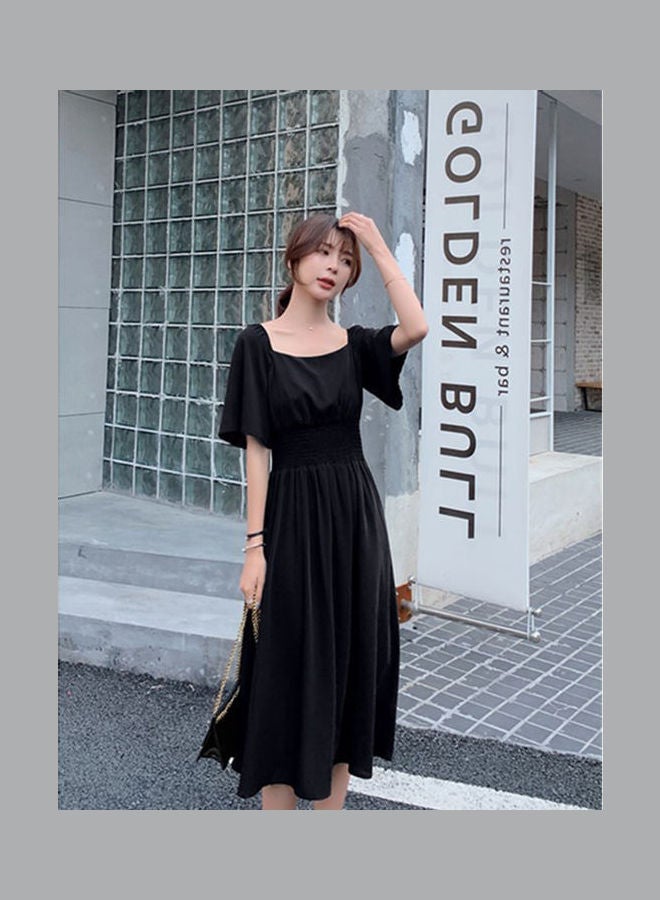 Summer Retro Tight Waist Medium Long Off Shoulder Dress Black  - Image 5