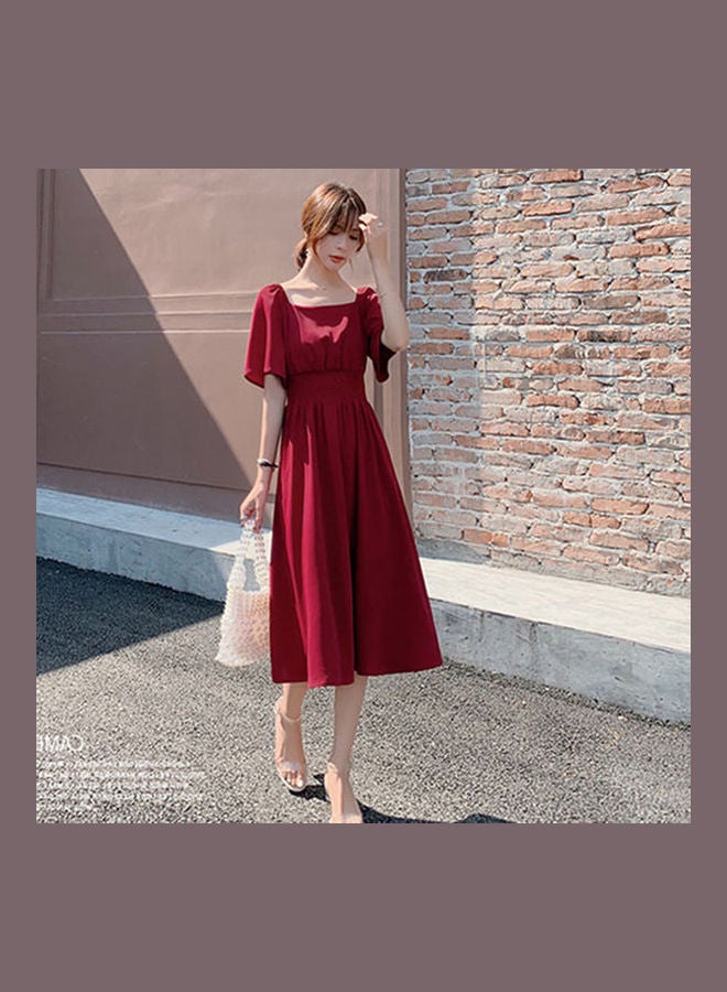 Summer Retro Tight Waist Medium Long Off Shoulder Dress Red - Image 2