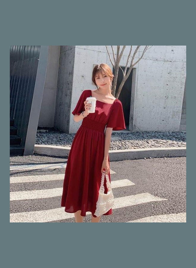 Summer Retro Tight Waist Medium Long Off Shoulder Dress Red - Image 4