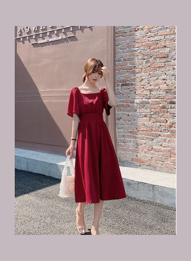 Summer Retro Tight Waist Medium Long Off Shoulder Dress Red - Image 5