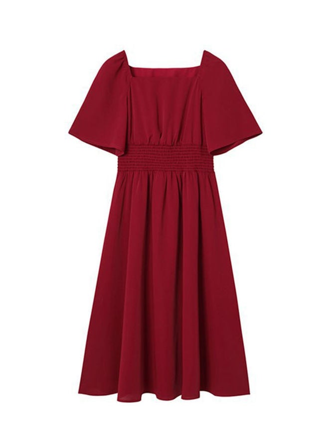 Summer Retro Tight Waist Medium Long Off Shoulder Dress Red - Image 1