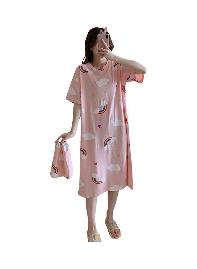 Short Sleeve Nightdress Cartoon Printing Round Collar With Bag Pink - Image 1
