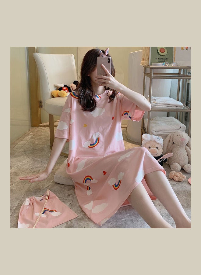 Short Sleeve Nightdress Cartoon Printing Round Collar With Bag Pink - Image 3