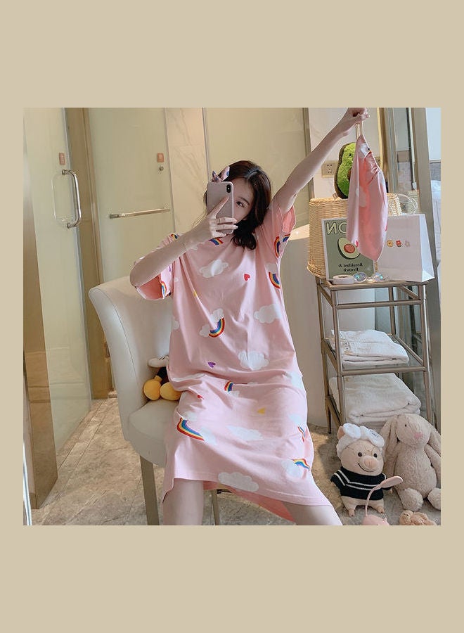 Short Sleeve Nightdress Cartoon Printing Round Collar With Bag Pink - Image 4