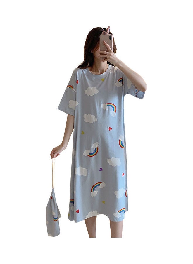 Short Sleeve Nightdress Cartoon Printing Round Collar With Bag Blue - Image 1