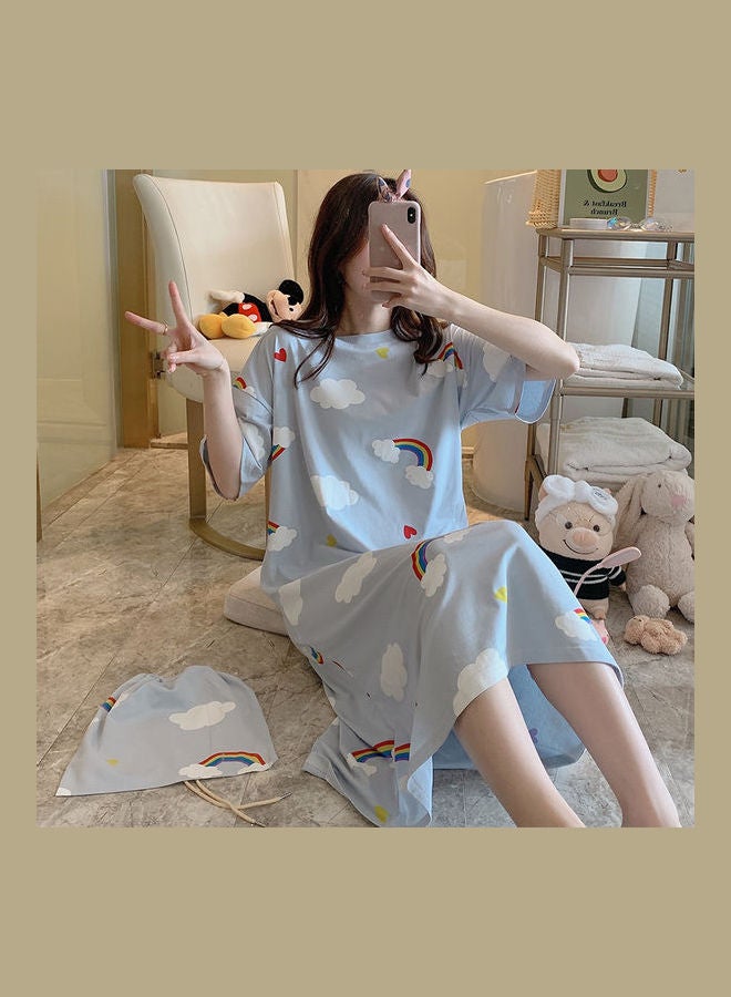 Short Sleeve Nightdress Cartoon Printing Round Collar With Bag Blue - Image 3