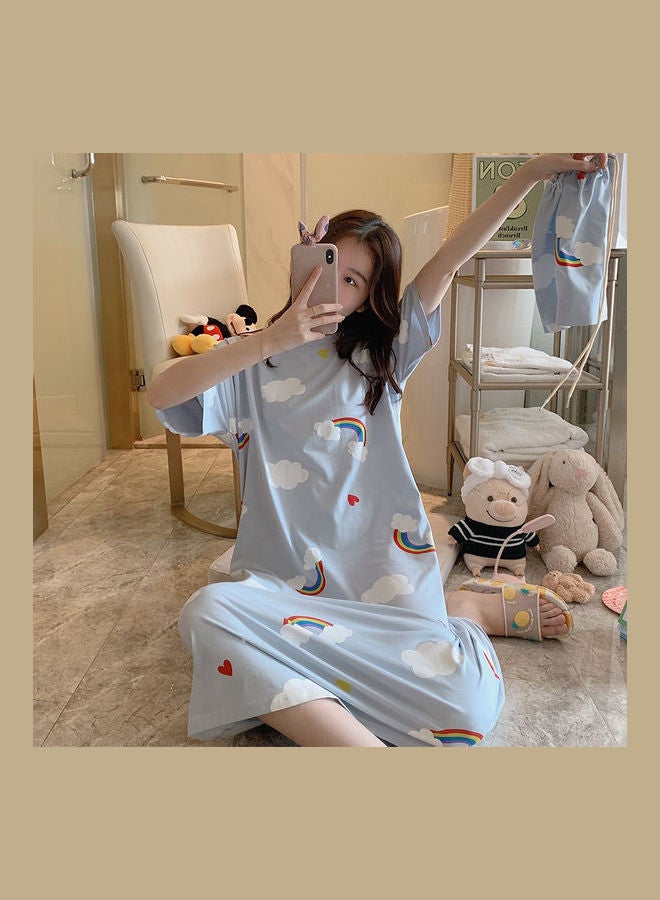 Short Sleeve Nightdress Cartoon Printing Round Collar With Bag Blue - Image 4