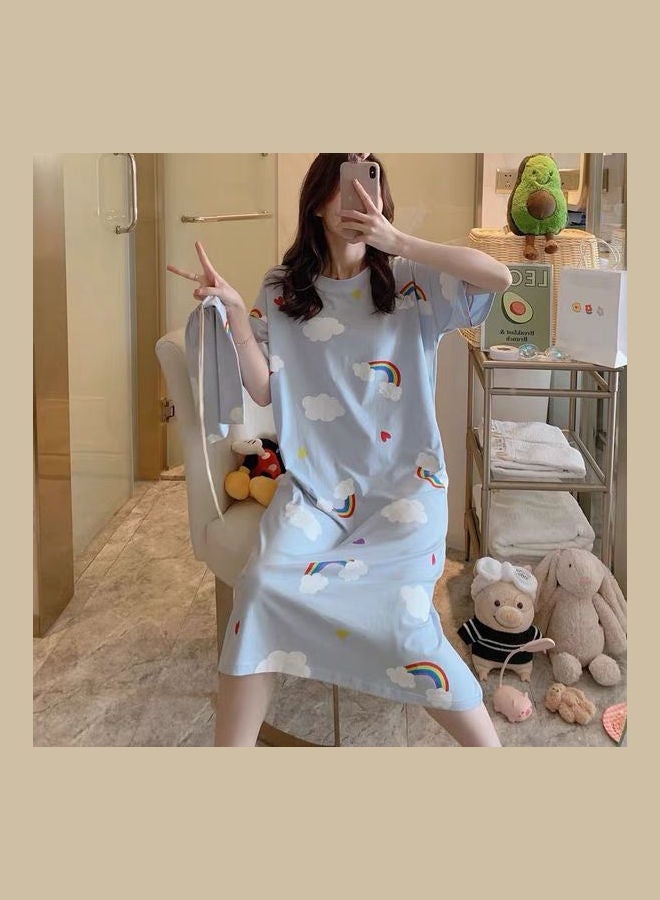Short Sleeve Nightdress Cartoon Printing Round Collar With Bag Blue - Image 5