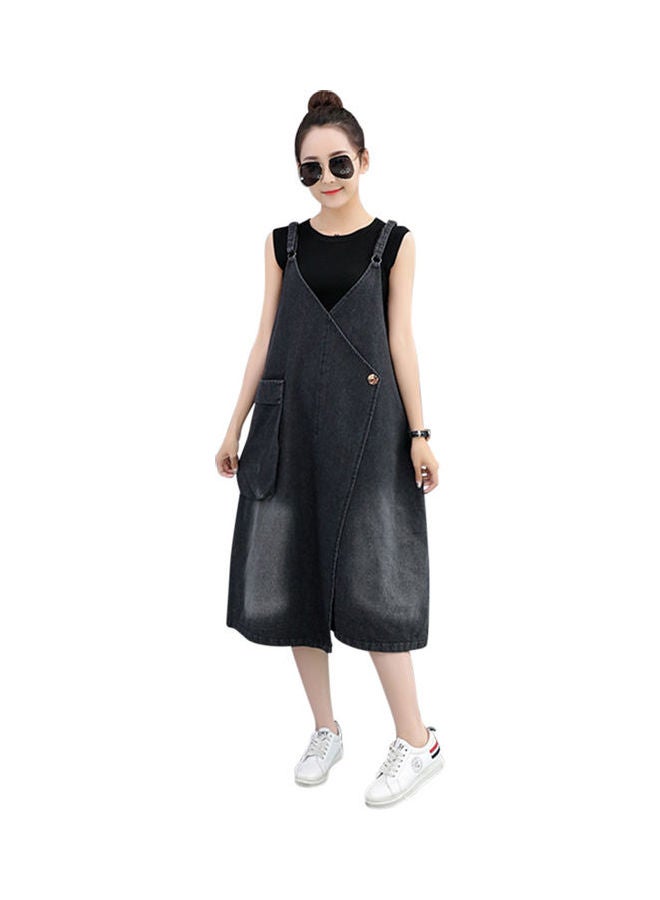 Dress Denim Braces Skirt Loose Sling Casual Skirt With Large Pocket Black - Image 1