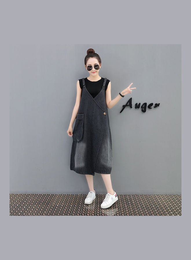 Dress Denim Braces Skirt Loose Sling Casual Skirt With Large Pocket Black - Image 3