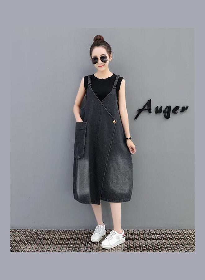 Dress Denim Braces Skirt Loose Sling Casual Skirt With Large Pocket Black - Image 4
