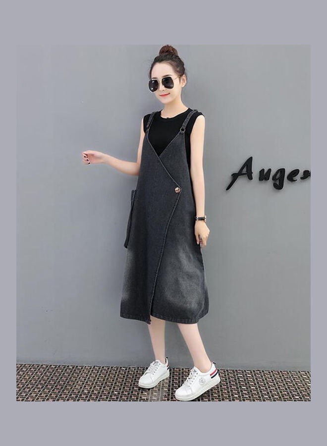 Dress Denim Braces Skirt Loose Sling Casual Skirt With Large Pocket Black - Image 5