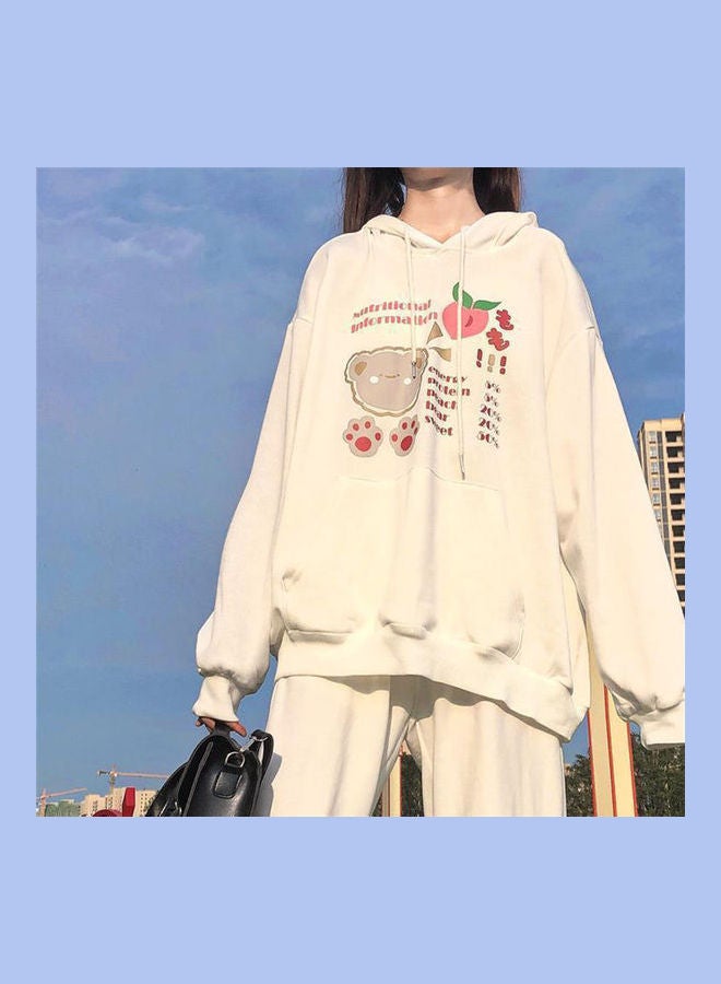 Fall Winter Loose Long Sleeve Hooded Sweater White  - Image 3