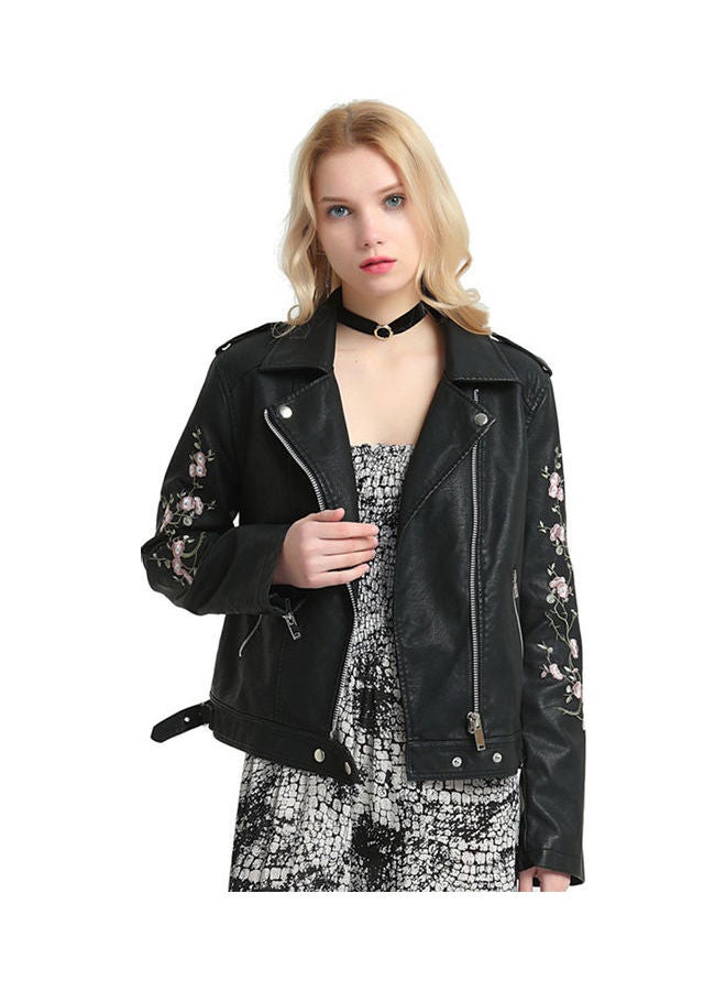 Embroidered Lapel Leather Loose Classic Moto Biker Jackets Black - Image 1