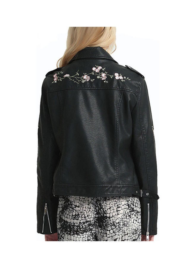 Embroidered Lapel Leather Loose Classic Moto Biker Jackets Black - Image 2