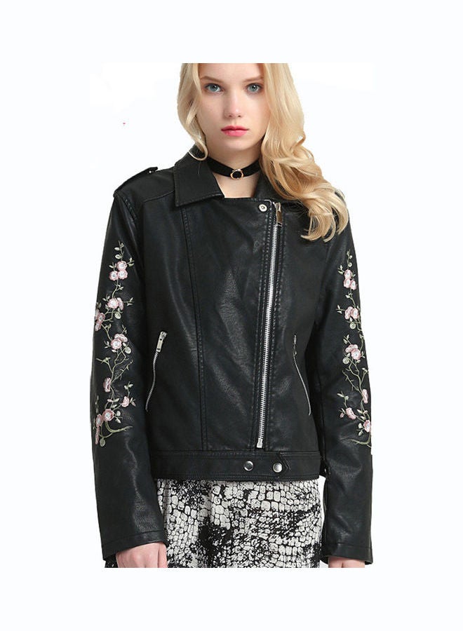 Embroidered Lapel Leather Loose Classic Moto Biker Jackets Black - Image 3