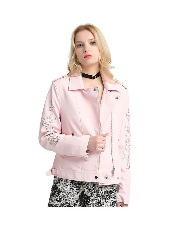 Embroidered Lapel Leather Jackets Pink - Image 1