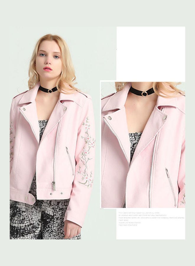 Embroidered Lapel Leather Jackets Pink - Image 2