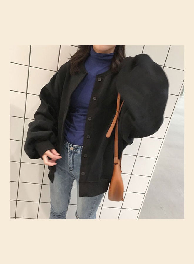Loose Crew Neck Button Fleece Lined Long-Sleeved Casual Jacket Black  - Image 1