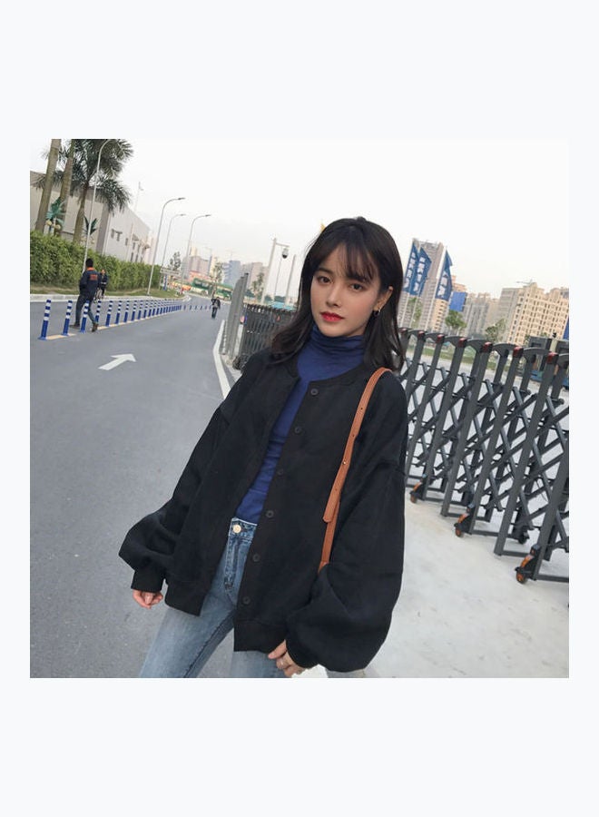 Loose Crew Neck Button Fleece Lined Long-Sleeved Casual Jacket Black  - Image 5