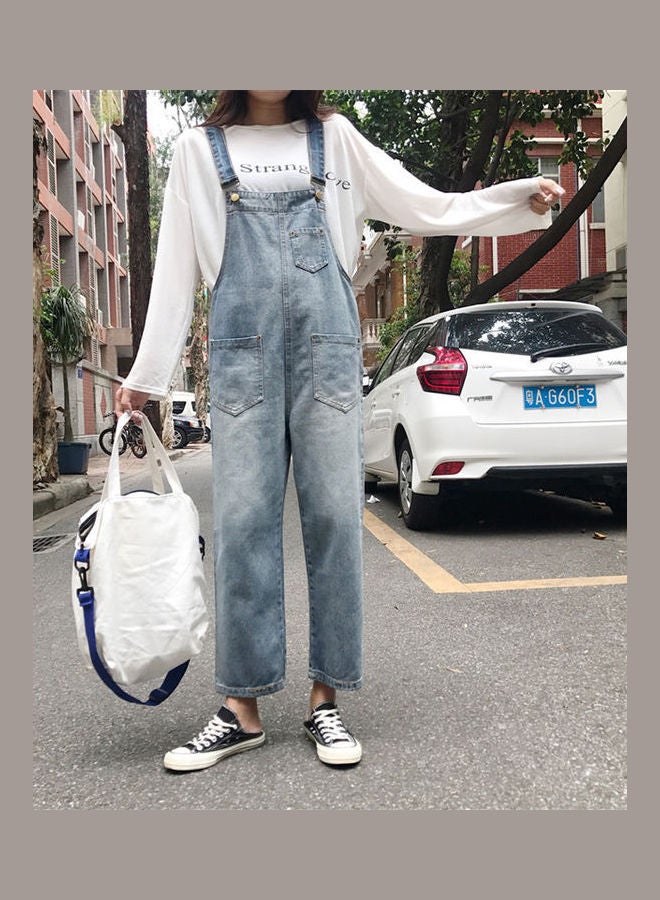 بنطال جينز أوتوم بتصميمٍ ممزّق مع حمالات أزرق - Image 1