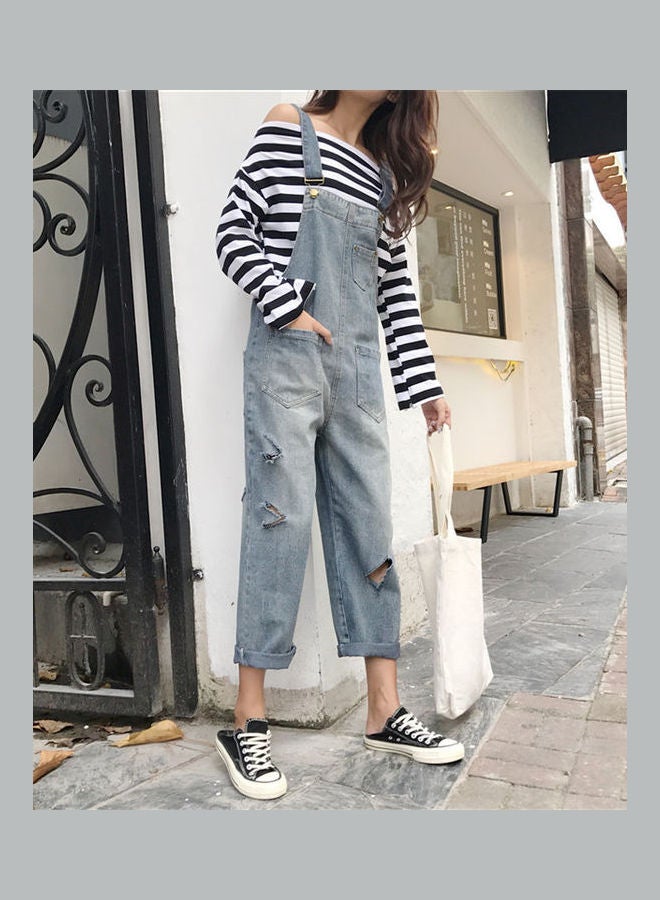 بنطال جينز أوتوم بتصميمٍ ممزّق مع حمالات أزرق - Image 3