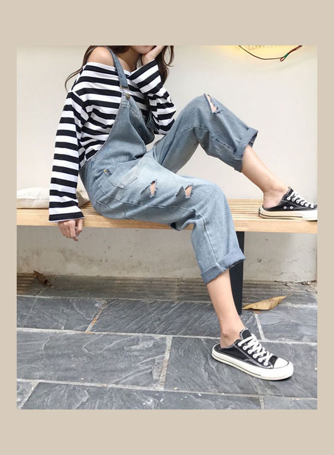 بنطال جينز أوتوم بتصميمٍ ممزّق مع حمالات أزرق - Image 4