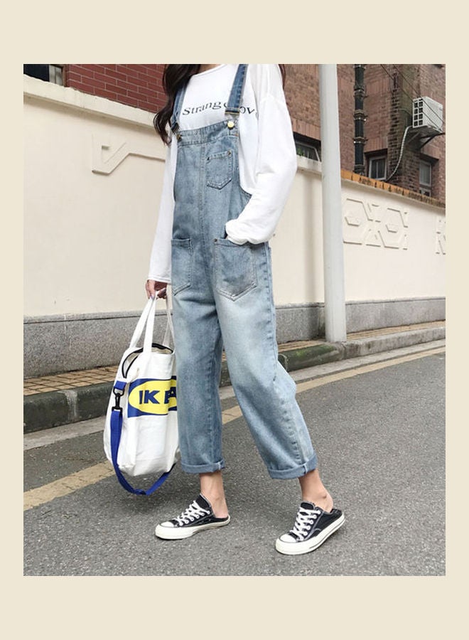 بنطال جينز أوتوم بتصميمٍ ممزّق مع حمالات أزرق - Image 5