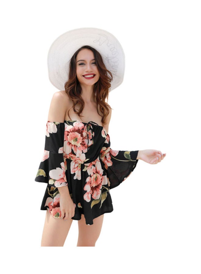 Off-shoulder Madarin Sleeves Pants Printed Jumpsuit Black  - Image 1