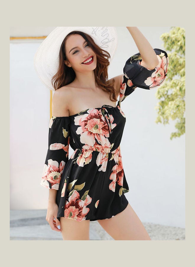 Off-shoulder Madarin Sleeves Pants Printed Jumpsuit Black  - Image 3