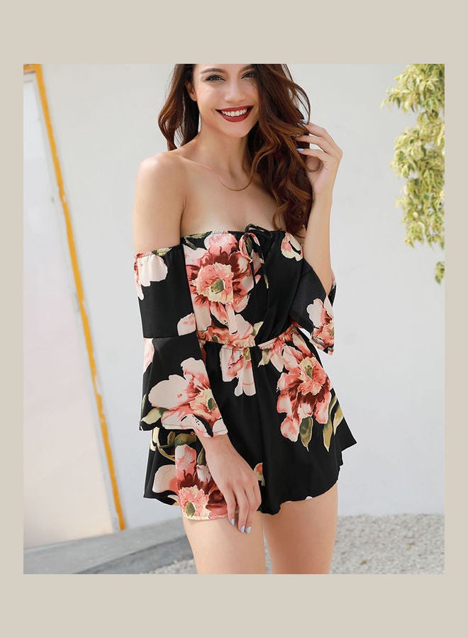 Off-shoulder Madarin Sleeves Pants Printed Jumpsuit Black  - Image 4