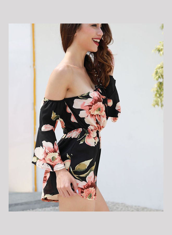 Off-shoulder Madarin Sleeves Pants Printed Jumpsuit Black  - Image 5