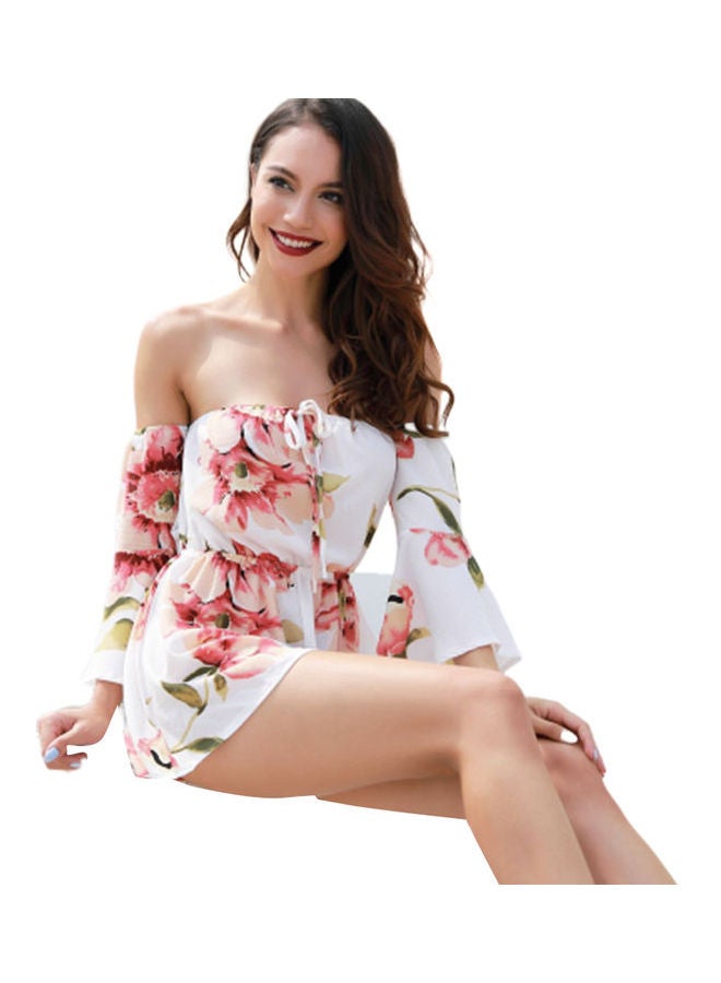 Summer Floral Off Shoulder 3/4 Flared Sleeves Romper Jumpsuit White  - Image 1