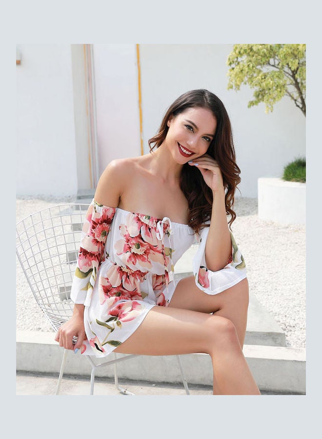 Summer Floral Off Shoulder 3/4 Flared Sleeves Romper Jumpsuit White  - Image 3