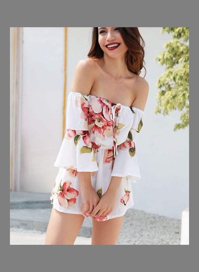 Summer Floral Off Shoulder 3/4 Flared Sleeves Romper Jumpsuit White  - Image 5