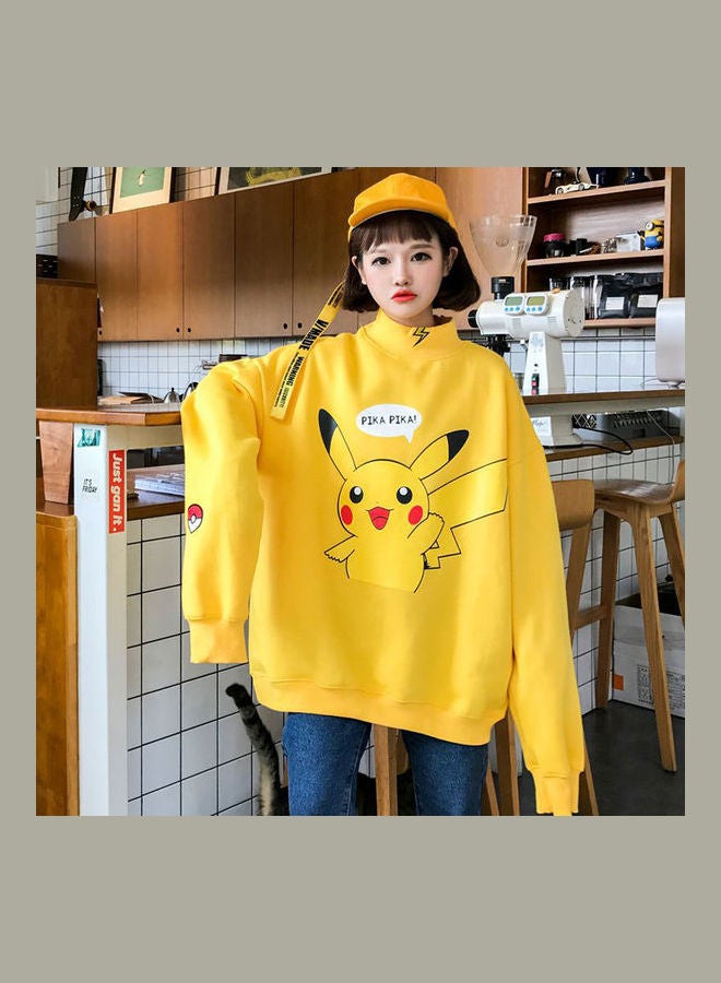 Cartoon Printed Long Sleeved Hooded Turtkeneck Pullover Sweatshirt Yellow  - Image 1