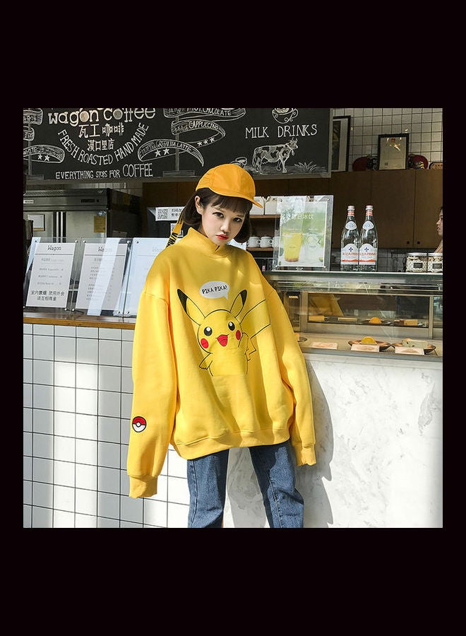 Cartoon Printed Long Sleeved Hooded Turtkeneck Pullover Sweatshirt Yellow  - Image 5