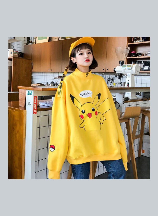 Cartoon Printed Long Sleeved Hooded Turtkeneck Pullover Sweatshirt Yellow  - Image 3