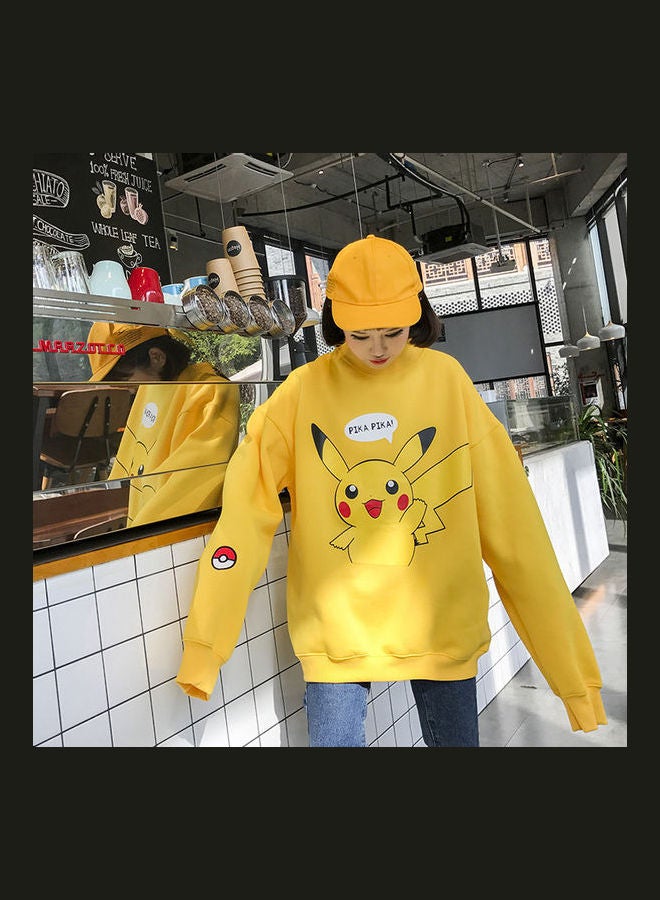 Cartoon Printed Long Sleeved Hooded Turtkeneck Pullover Sweatshirt Yellow  - Image 4