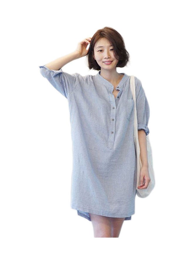 Summer Loose V Collar Cotton Stripes Medium Sleeve Shirt Dress Blue - Image 1